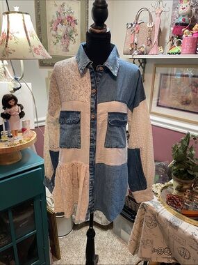 Patchwork Lace and Denim Button-Front Shirt Jacket in Blue & Cream Young Threads